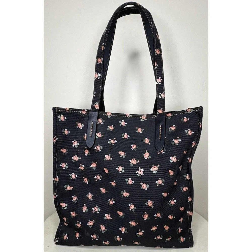 Rare COACH Sharky Canvas Tote Bag Floral Black Leather Trim Limited Edition EUC